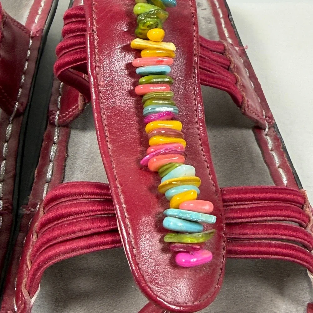 Alegria Red Leather Beaded Sandals PIS-615 Womens 39 Multi-Color Boho Slide